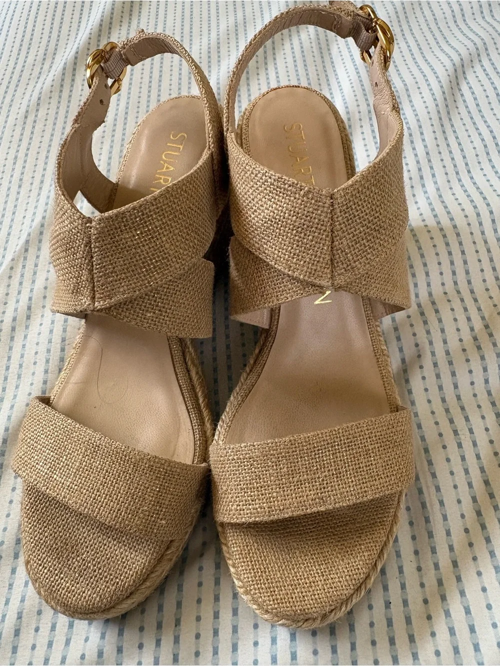 Stuart Weitzman Beige Woven Espadrille Sandals, size 8.5.